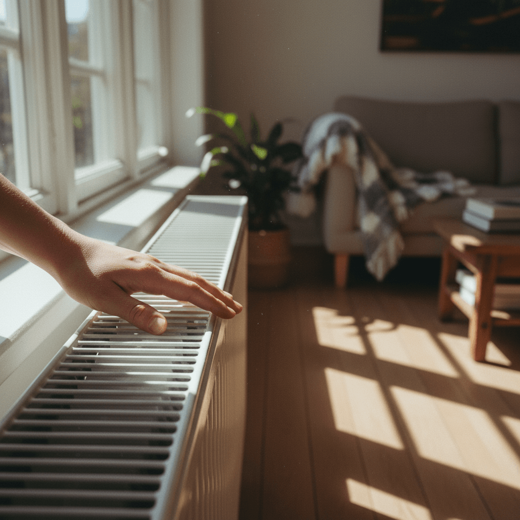 Hand stellt Thermostat an Heizkörper ein