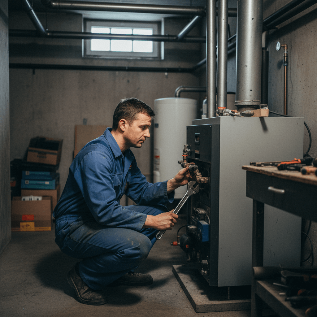 Heizungstechniker arbeitet an einer Gastherme in einem Keller