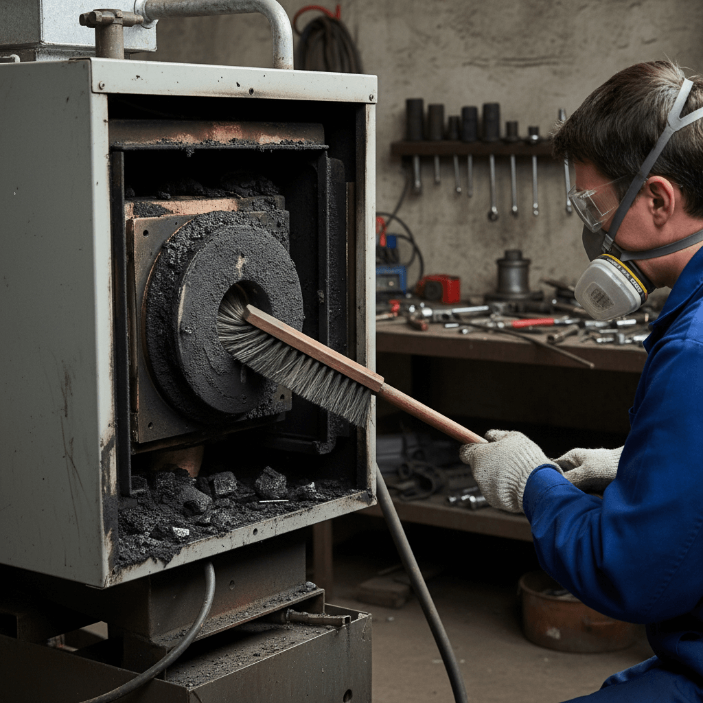 Techniker reinigt Brenner einer Ölheizung